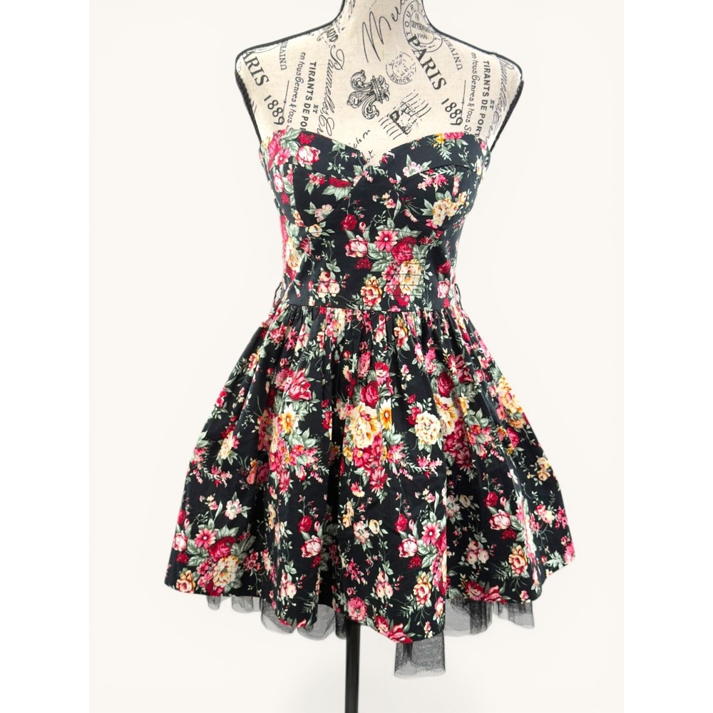 Sans Souci Black Floral Strapless‎ Dress Fit Flare Tulle M Dark Pinup Romantic